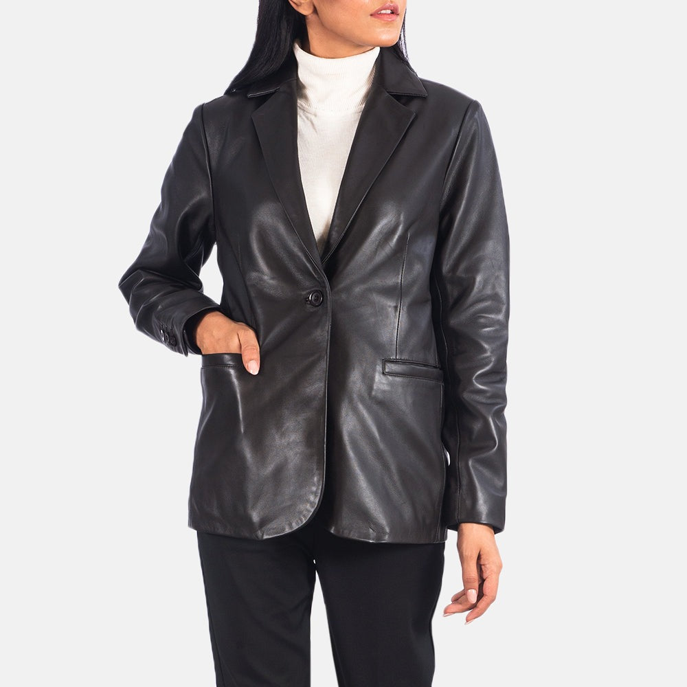 Women Black 04  Leather Blazer
