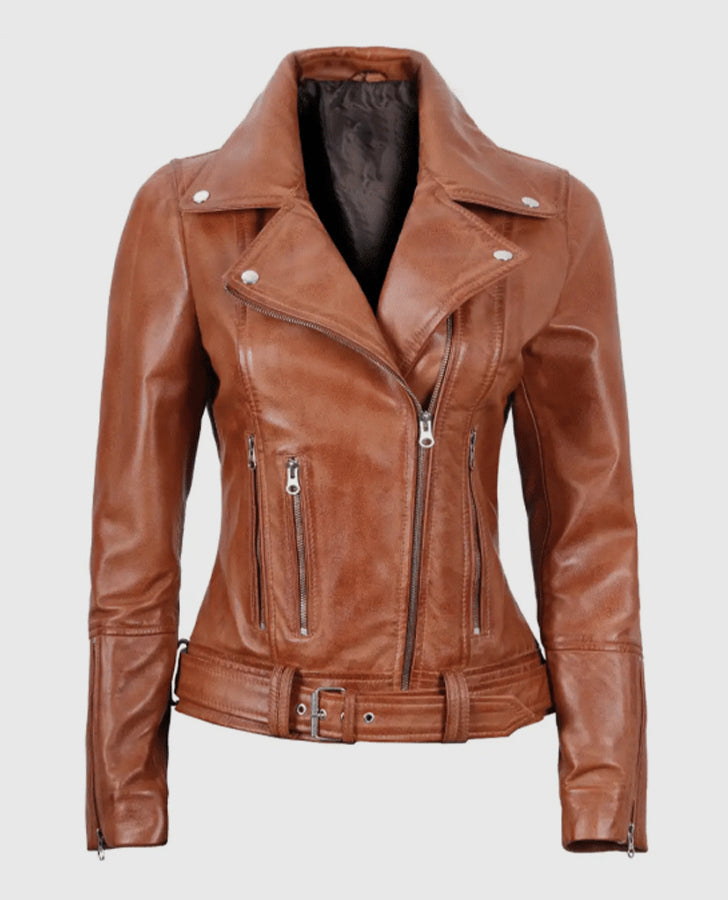 Women's Light Brown Asymmetrical Leather Biker Jacket - Belted