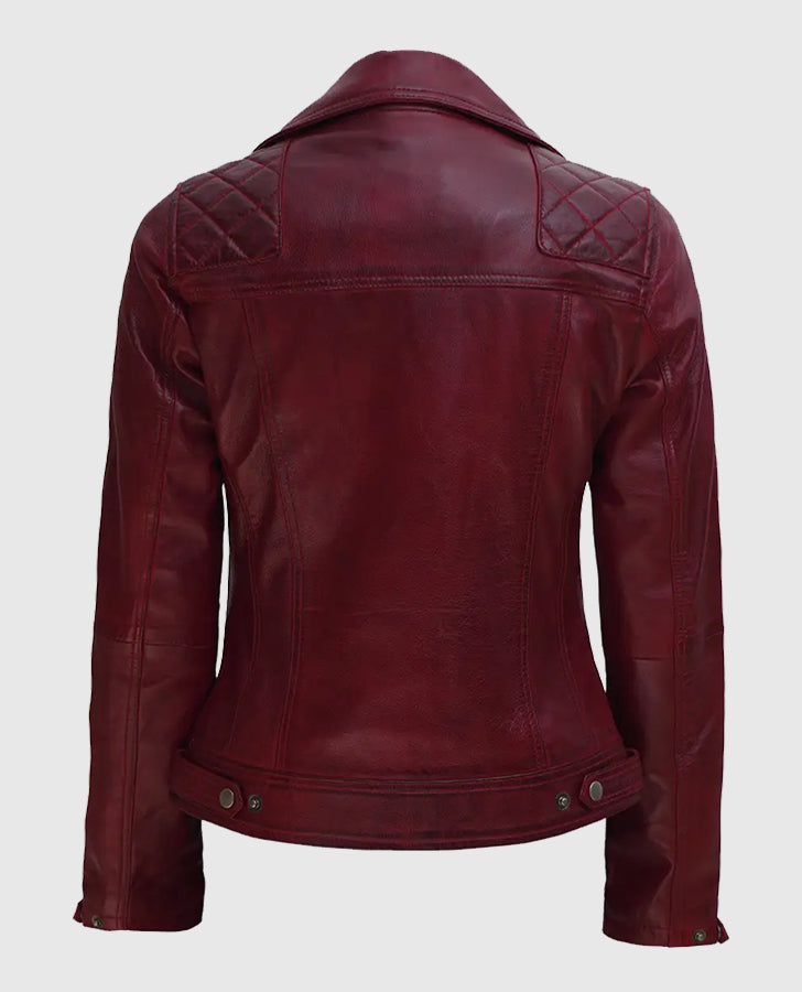 Kimberley Quilted Leather Motorcycle Maroon Jacket for Women