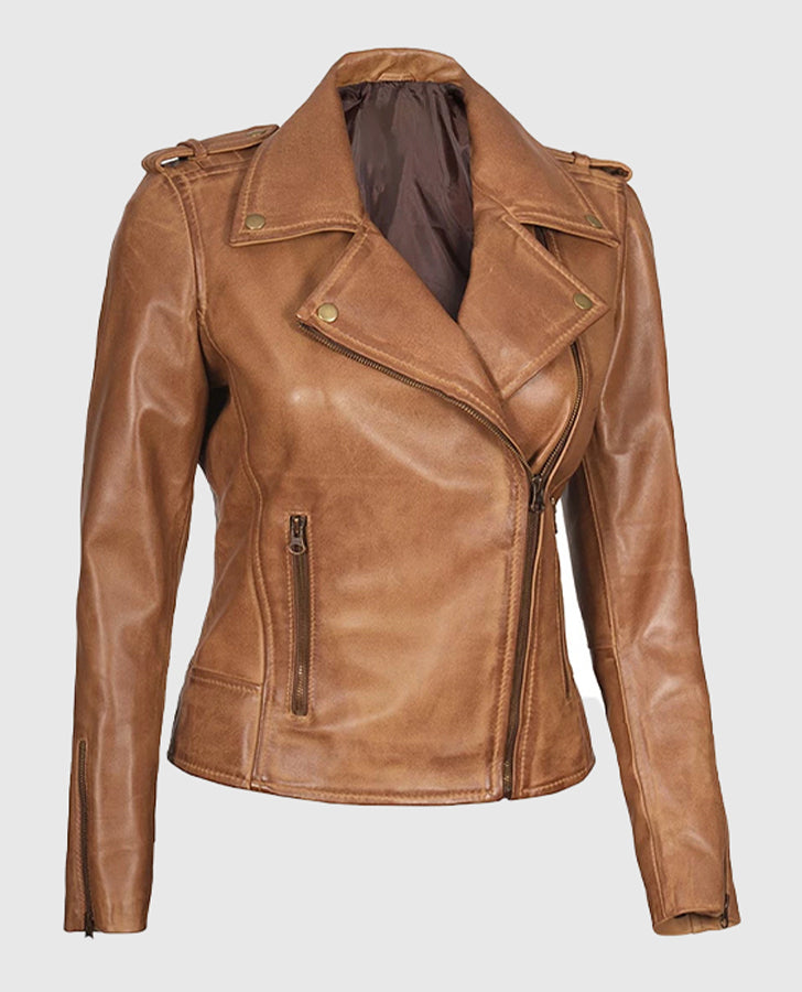 Kirsten Women's Asymmetrical Camel Brown Real Leather Jacket