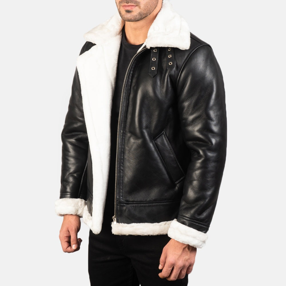 B-3 Black & White Leather Bomber Jacket
