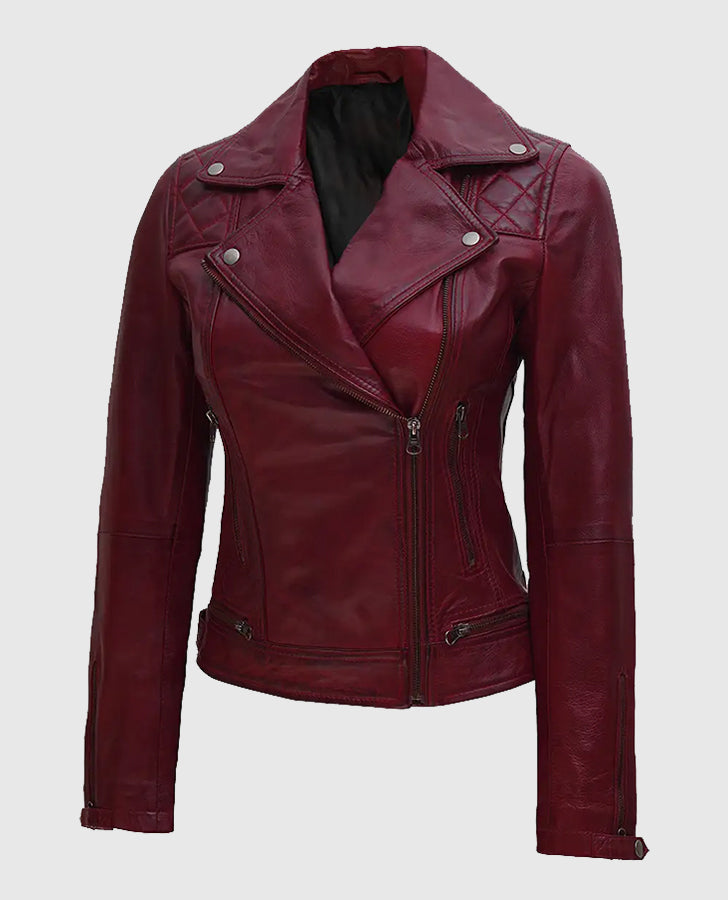 Kimberley Quilted Leather Motorcycle Maroon Jacket for Women