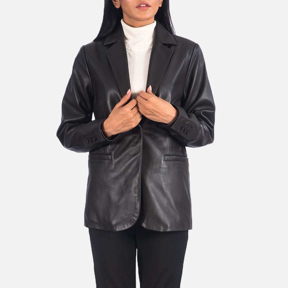 Women Black 04  Leather Blazer