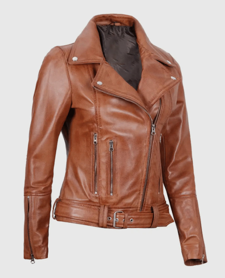 Women's Light Brown Asymmetrical Leather Biker Jacket - Belted
