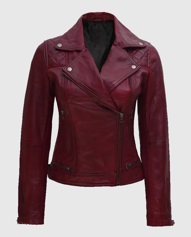 Kimberley Quilted Leather Motorcycle Maroon Jacket for Women
