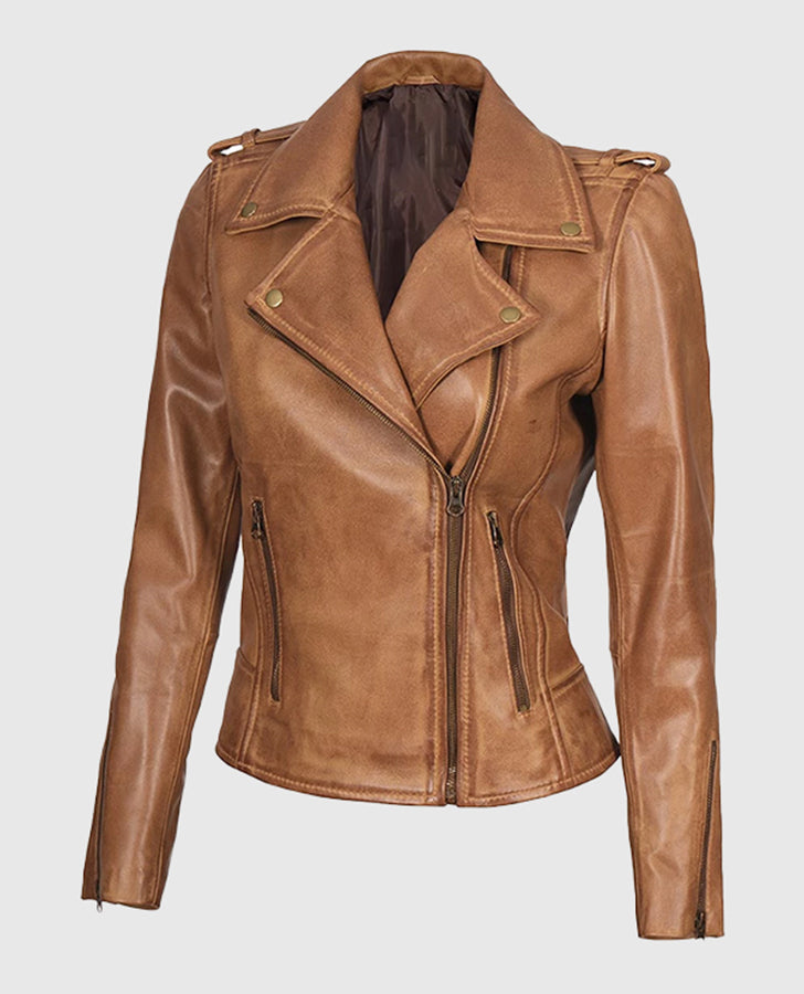 Kirsten Women's Asymmetrical Camel Brown Real Leather Jacket