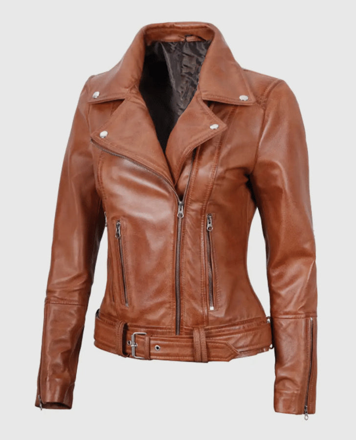 Women's Light Brown Asymmetrical Leather Biker Jacket - Belted