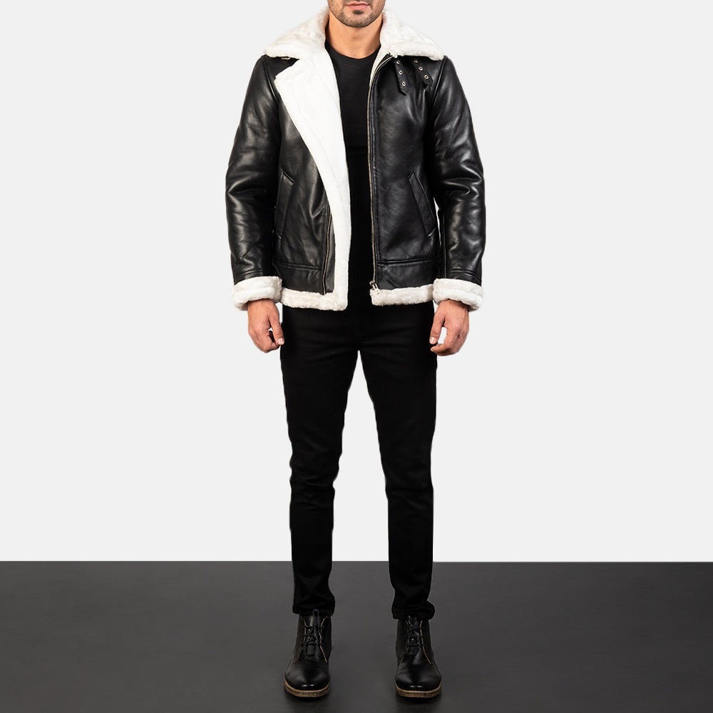 B-3 Black & White Leather Bomber Jacket