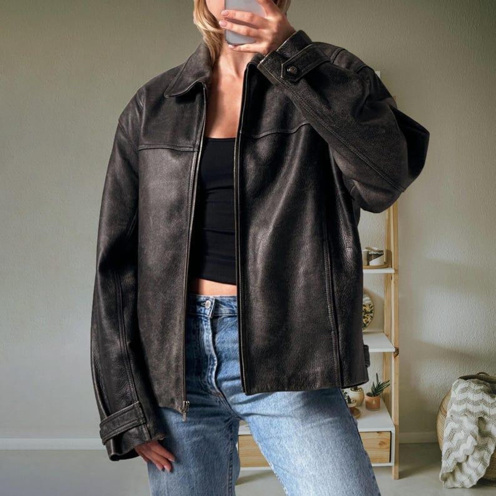 Women Black -02  Oversized Leather Jacket