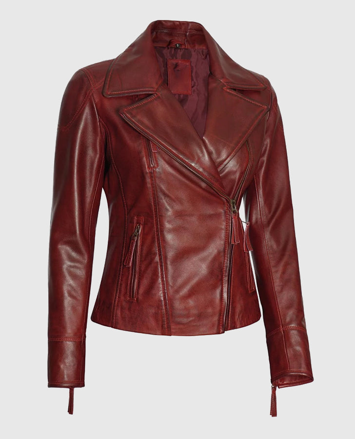 Women's Maroon Asymmetrical Biker Leather Jacket