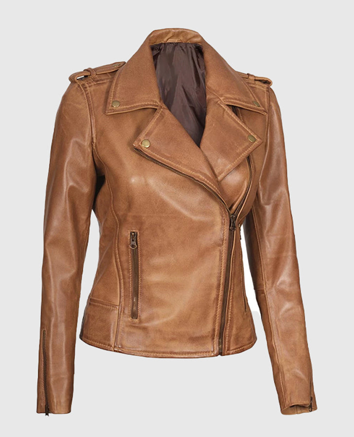 Kirsten Women's Asymmetrical Camel Brown Real Leather Jacket