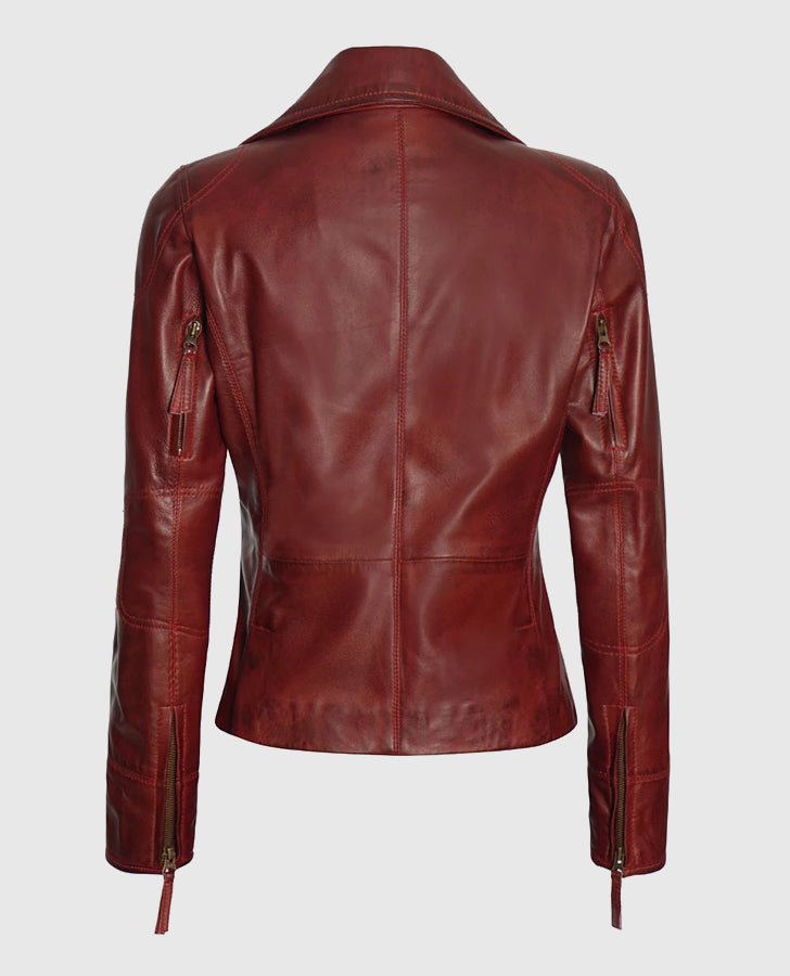 Women's Maroon Asymmetrical Biker Leather Jacket