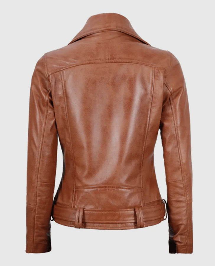 Women's Light Brown Asymmetrical Leather Biker Jacket - Belted