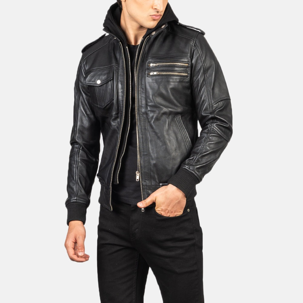 Black Hooded Leather Jacket