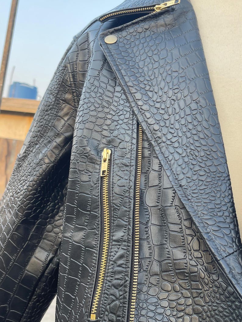 Black Biker Crocodile Leather Jacket