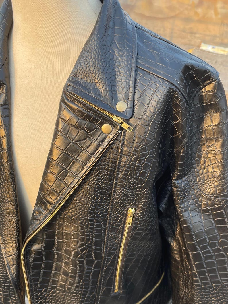 Black Biker Crocodile Leather Jacket