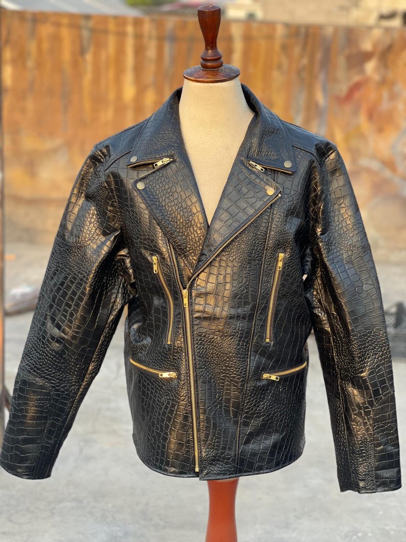 Black Biker Crocodile Leather Jacket