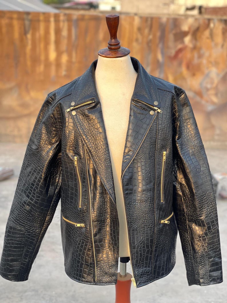 Black Biker Crocodile Leather Jacket